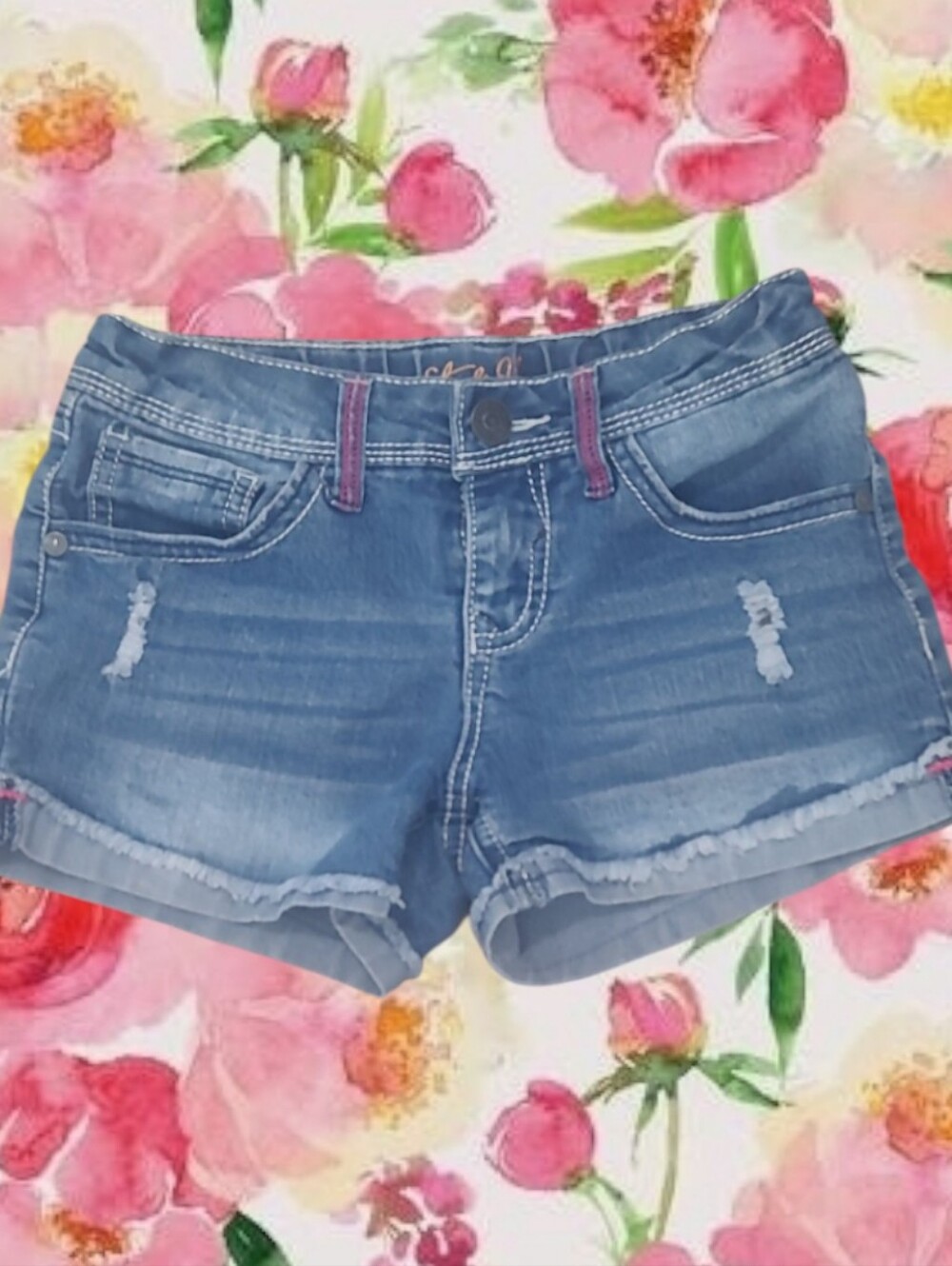 Studio V Girl's Stretch Blue Demim Distressed Shorts